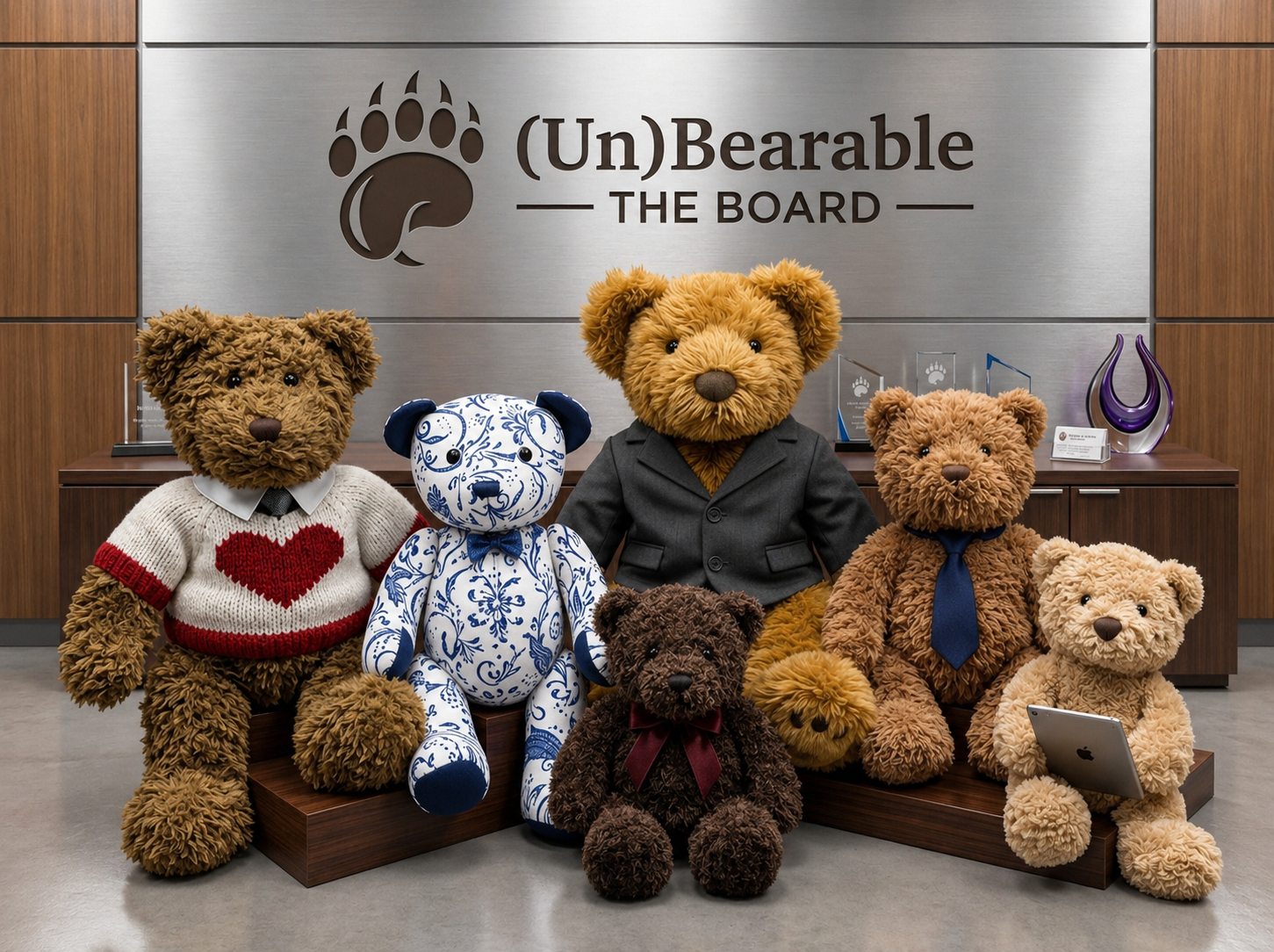 The (Un)Bearable Board of Directors — KnitHeart, Team Blue, Tiny Bouré Chair, Tiny Roiné Encir, Associate Analyst, and The Intern — posed in the corporate lobby beneath the (Un)Bearable: The Board sign